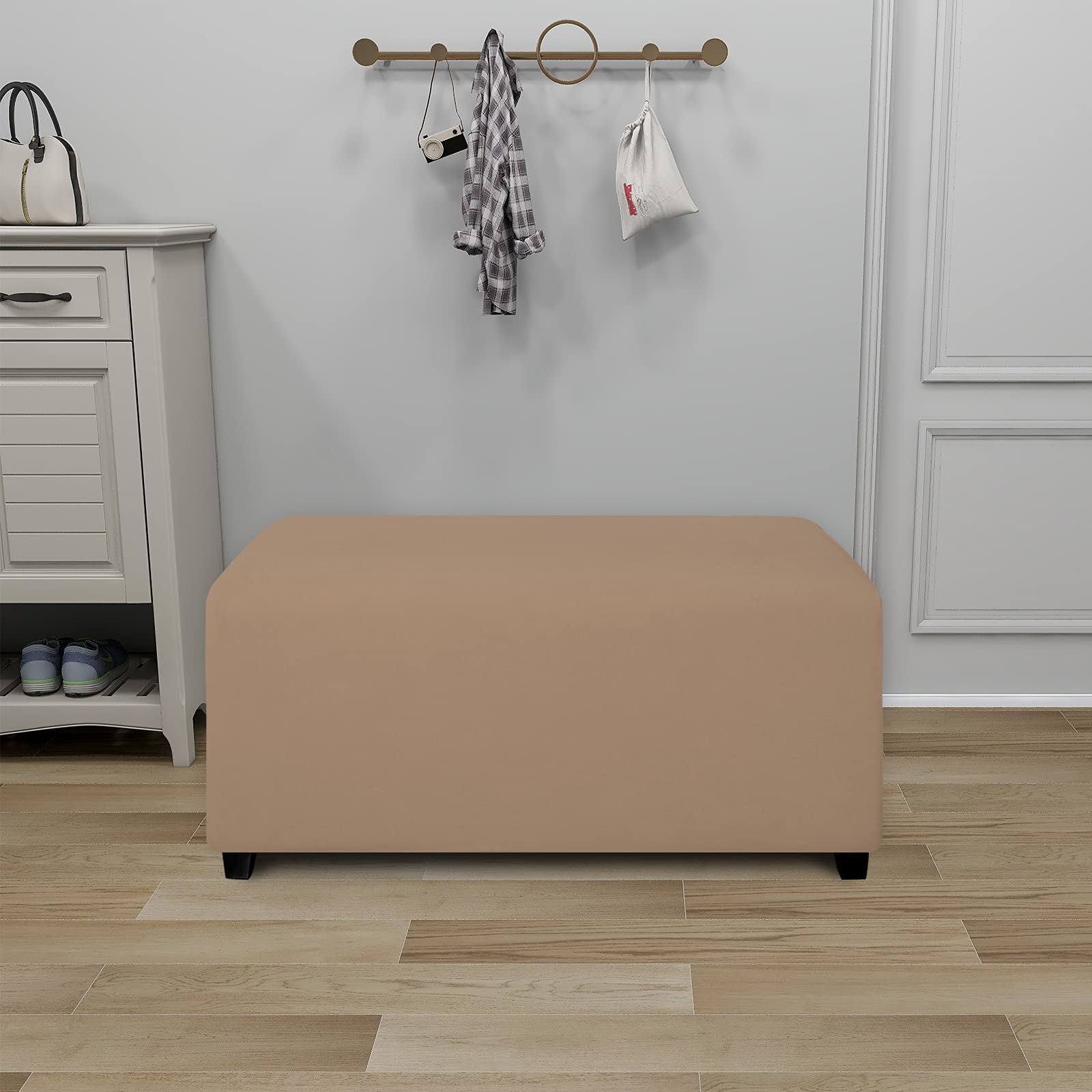 Purefit Super Stretch Soft Form Fit Ottoman Cover Rectangle - Ottoman Slipcovers For Foot Stool & Folding Storage Furniture For Living Room With Nonslip Elastic Bottom (Small, Camel)